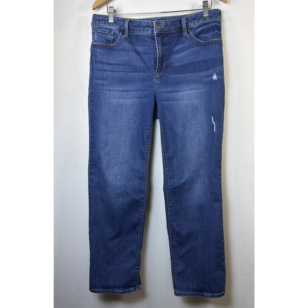 So Slimming Chico’s women's petite 12 Jeans distressed Blue straight